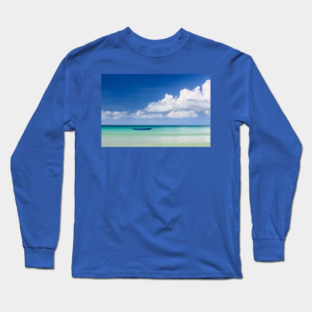 Fisher boat and calm clear turquoise water Long Sleeve T-Shirt by Juhku